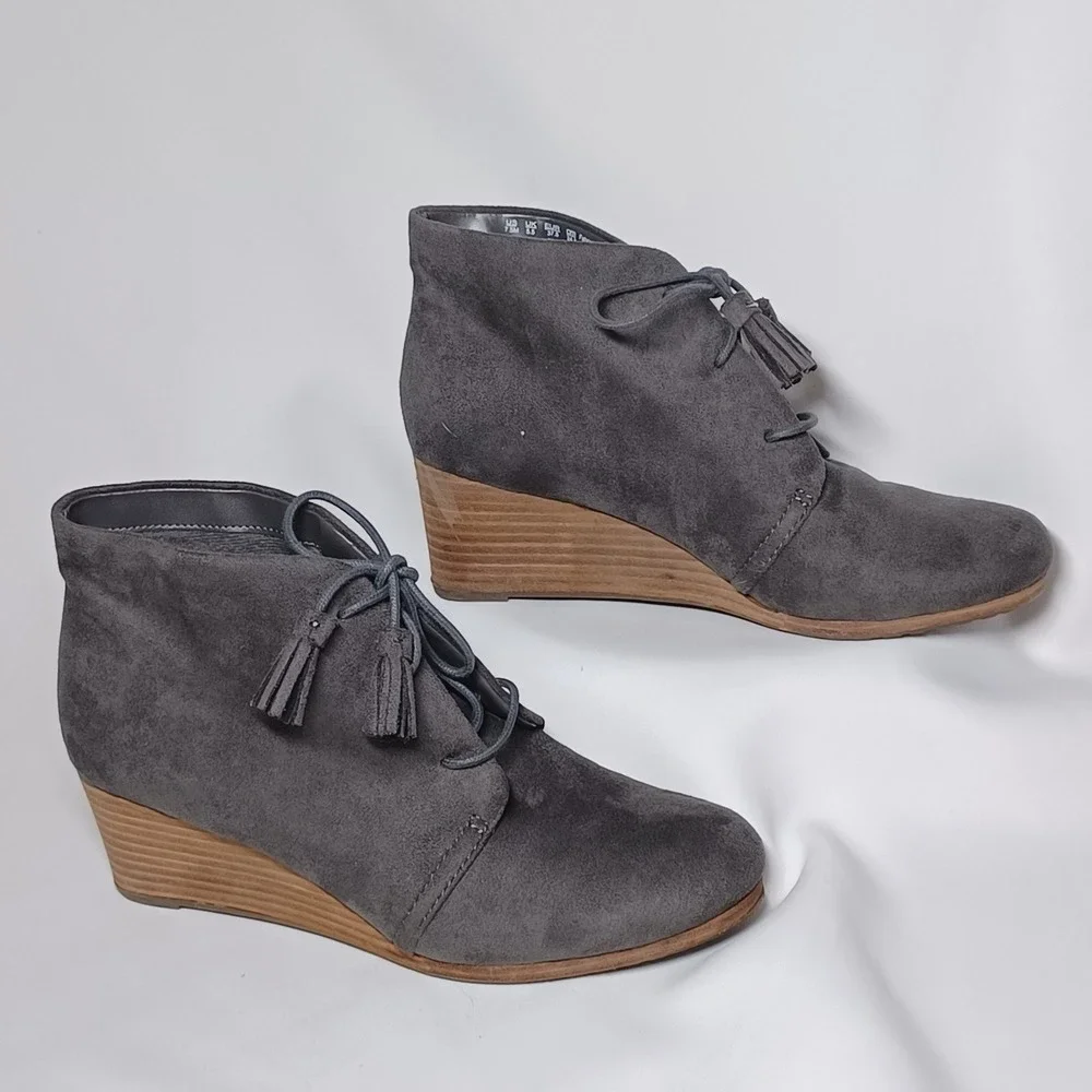 Dr. Scholls Womens Dakota Wedge Ankle Booties Lace Up Grey Suede Sz 7.5M